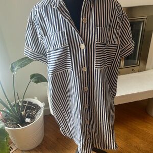 Blue and White Midi Dress with Stripes